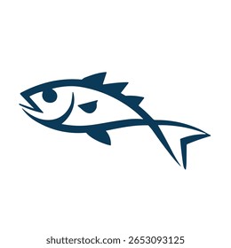 Um peixe azul escuro estilizado com barbatanas afiadas e uma cauda fluida nada através de um fundo branco limpo.