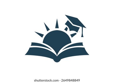 A stylized dark blue graphic depicts an open book with a rising sun and a graduation cap, symbolizing education, knowledge, and achievement, isolated on white background.
