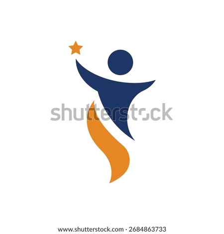 A stylized dark blue human silhouette with arms outstretched, holding a small golden star. A flowing orange and yellow shape curves upwards behind the figure.