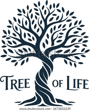 A stylized dark blue illustration of the Tree of Life. The text "TREE OF LIFE" is positioned on either side of the trunk in a decorative, flowing font. 