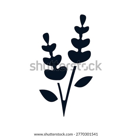 A stylized dark blue illustration of two sprigs of lavender on a white background