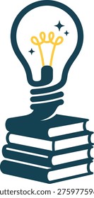 Stylized dark blue light bulb glowing yellow filament atop a stack of dark blue books with yellow stars