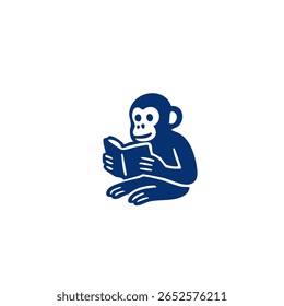 A stylized, dark blue monkey sitting and holding an open book