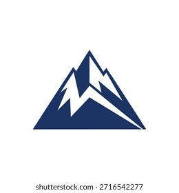 Ein stilisierter dunkelblauer Berggipfel mit einer in sein Design integrierten Blitzform auf weißem Hintergrund.