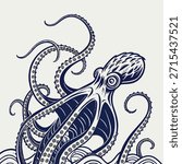 Stylized dark blue octopus with tentacles and waves on light background Keywords: octopus, kraken, sea creature, marine life, ocean, sea