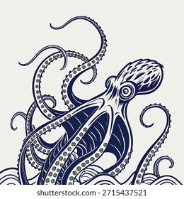 Pulpo azul oscuro estilizado con tentáculos y ondas sobre fondo claro Palabras claves: pulpo, kraken, criatura marina, vida marina, océano, mar