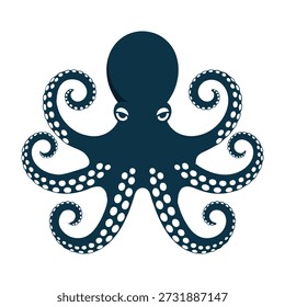 Pulpo estilizado de color azul oscuro con ventosas blancas en sus tentáculos, sobre fondo blanco. El pulpo tiene ojos Grandes y expresivos y sus ocho tentáculos están curvados hacia afuera.