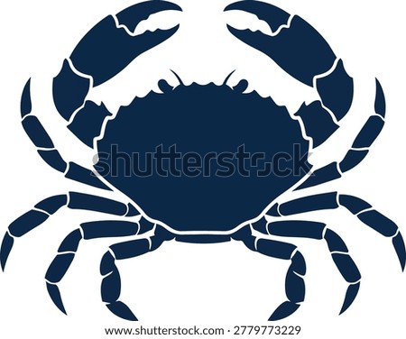 A stylized dark blue silhouette of a crab, viewed from above, with its claws prominently raised.