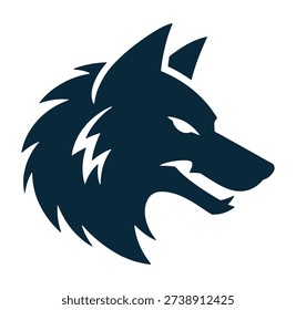 A stylized dark blue silhouette of a wolf's head in profile, featuring sharp, angular lines and a fierce expression, with subtle white highlights.