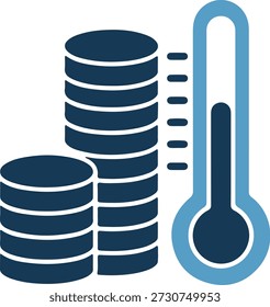 Ein stilisiertes dunkelblaues Temperaturmessgerät und Münzen auf rein weißem Hintergrund, die das finanzielle Wachstum und die Temperaturkontrolle darstellen.