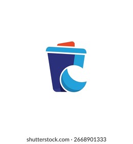 A stylized dark blue trash can with a red lid and a light blue crescent moon shape next to it.