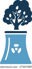 Un árbol azul oscuro estilizado que crece de un reactor nuclear azul claro en un diseño que invita a la reflexión sobre un fondo blanco puro