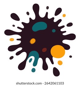 A stylized dark brown paint splash with teal and yellow accents. Vector