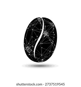 A stylized, dark coffee bean rendered as a digital network with glowing nodes and connecting lines, representing a futuristic concept or abstract idea.