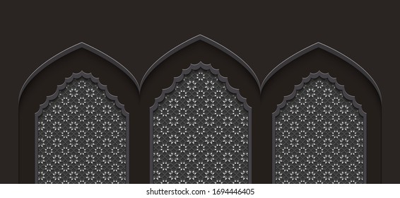 Stylized dark door in Arabic architectural style arch with ornamental patterned stone relief of Islamic mosque,greeting card for Muslim holidays,vector background