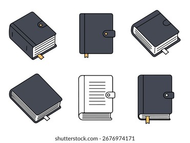 Iconos estilizados de libros y cuadernos de color gris oscuro con marcadores y cierres, que representan la educación, el aprendizaje y la papelería de oficina.