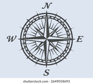 A stylized, dark gray compass rose illustration with the cardinal directions labeled on a light blue background.