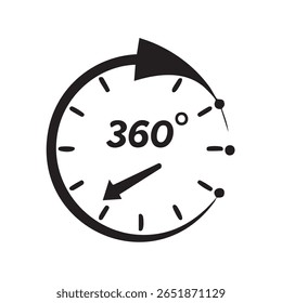 A stylized, dark gray icon representing a 360-degree view, featuring a circular arrow, clock face markings, and the text '360°'. It signifies rotation and comprehensive perspective.