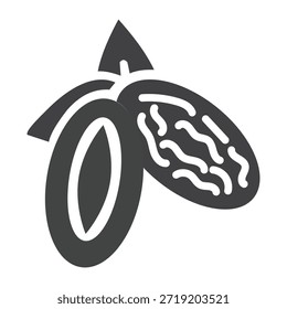 Una estilizada Ilustración vectorial gris oscuro de una vaina de cacao con una sección abierta, revelando líneas onduladas en el interior, sobre un fondo blanco puro