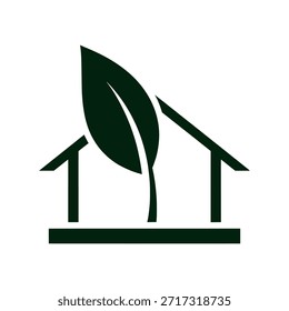 A stylized dark green logo featuring a prominent leaf growing from the center of a simple house outline, symbolizing eco-friendly living and sustainable architecture.