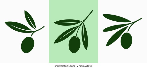 Ramas de olivo verde oscuro estilizadas con fruta contra un fondo de rayas de Vertical verde claro suave