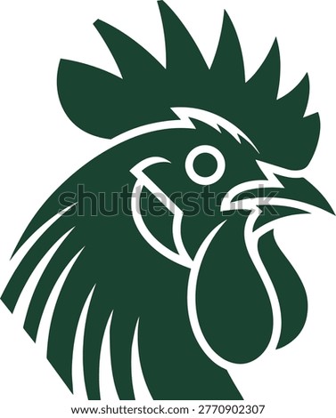 A stylized dark green rooster head illustration with a prominent comb and wattle. The bold graphic design features a white outline for the eye and beak, lookin.