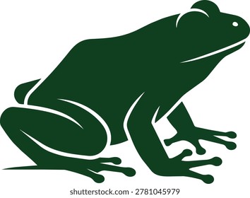 A stylized dark green silhouette of a frog with white outlines, sitting with its legs tucked.