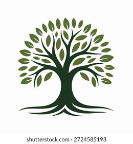 Stylized dark green tree with spreading branches and oval leaves white background nature leaf