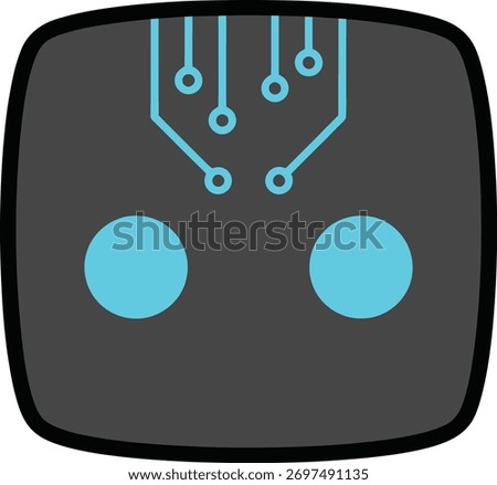 A stylized, dark grey, square robot head with rounded corners and glowing cyan eyes, featuring circuit board patterns, isolated on a white background.
