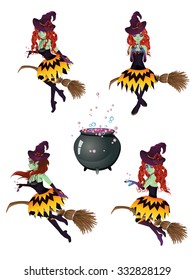 Stylized dark halloween witch and stylish broom.