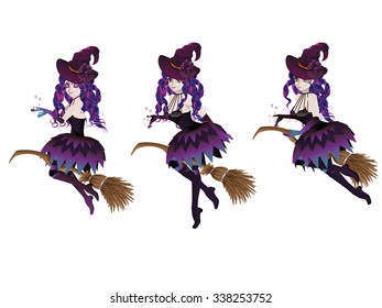 Stylized dark halloween witch and stylish broom.