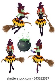 Stylized dark halloween witch and stylish broom.