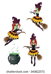 Stylized dark halloween witch and stylish broom.