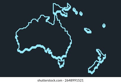 Mapa isométrico escuro estilizado do continente da Oceania em um estilo simples. Mapa moderno do continente para infográficos, apresentações.