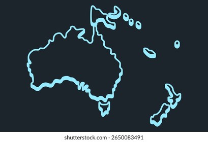 Stylized dark isometric map of the continent of Oceania in a simple style. Modern map of the continent for infographics, presentations.