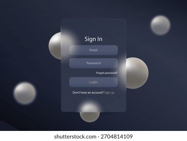 Stylized dark login interface with frosted glass effect and glossy spheres in pearlescent colors, modern user interface design.