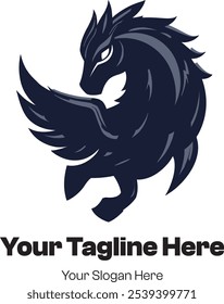 Stylized Dark Pegasus Logo with Fierce Look and Flowing Mane for Bold Fantasy Branding