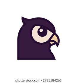 A stylized dark purple owl head with a large, watchful eye and a beige beak, rendered in a clean, flat vector art style, facing right on a white background.