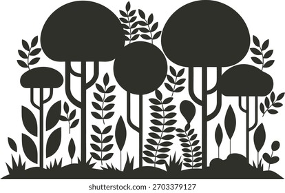Una silueta estilizada y oscura de un bosque con varios árboles y follaje sobre un fondo blanco.