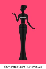Stylized dark woman silhouette with drawn white lines of bust, waist, hips and height, over pink background. Choosing of clothing size in accordance with body measurements. Female shopping