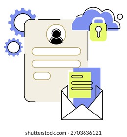 Ilustração de segurança de dados estilizados com engrenagens, nuvem, cadeado, 