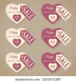 Stylized Valentine’s Day Banner Featuring Lace Heart Design, Price Tag Attached with Button, and Discounts of 20%, 25%, 30% in a Craft Paper Cut Look, Perfect for Promotions and Packaging