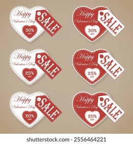 Stylized Valentine’s Day Banner Featuring Lace Heart Design, Price Tag Attached with Button, and Discounts of 20%, 25%, 30% in a Craft Paper Cut Look