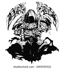 Stylized death with a scythe, crossed arms, a monster in a hood. black and white, outlines.