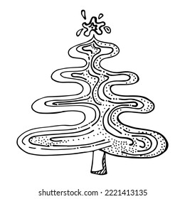 El estilizado árbol de Navidad adornado a mano con estilo de doodle. Imágenes prediseñadas en blanco y negro aisladas sobre fondo blanco.