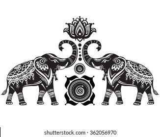 Stylized decorated elephants   lotus flower