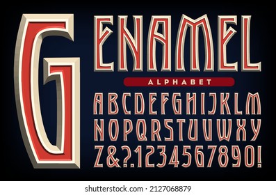 A stylized decorative alphabet with tall tapered strokes. This 3d effect alphabet has beveled edges and the appearance of red enamel inlay.