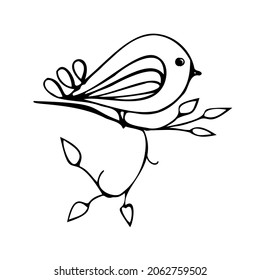 Stylized decorative bird on a branch, doodle illustration.