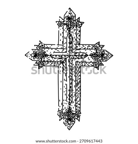 Stylized decorative cross design featuring intricate details and texture, embodying concepts of christianity, belief, worship, and devotion in a black and white illustration