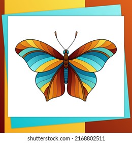 Stylized Decorative Design Element Blue and Yellow Striped Butterfly on a White Paper Sheet. Bright Isolated Object Drawn Butterfly for Baby's Stuffs and Children's Products.  